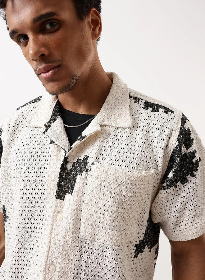 Hubberholme Men's Black 100% Cotton Washed Pattern Button Down Oversized Shirt