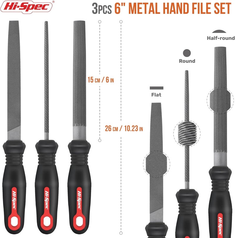 Hi-Spec 3pc Metal Hand File Tool Set Kit. Large Steel Files. Flat, Round & Half-Round for Crafts, Metal & Wood Work - Image 2