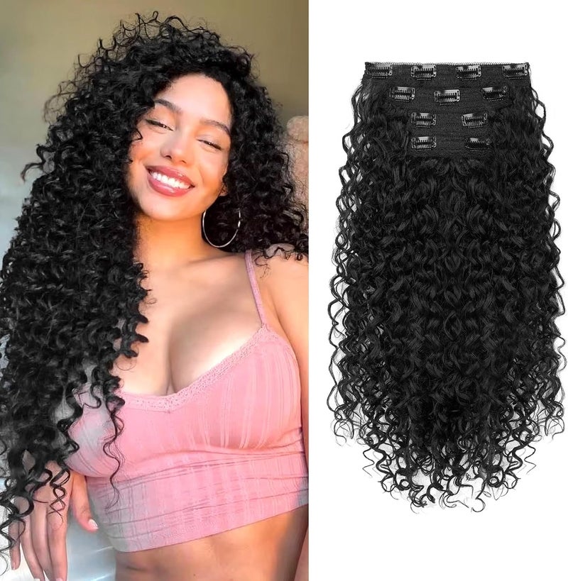 Flufymooz Clip in Hair Extensions, 4PC 100％ Pure Protein Silk Hair Extensions Long Soft Natural Hairpiece 20 Inch Curly Hair Extension for Women (Black) - Image 1