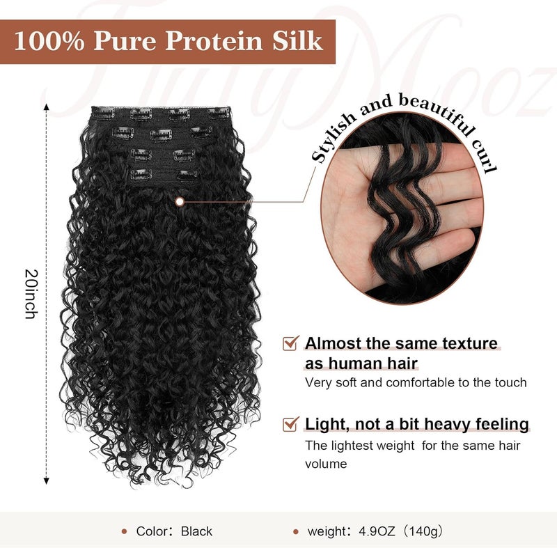 Flufymooz Clip in Hair Extensions, 4PC 100％ Pure Protein Silk Hair Extensions Long Soft Natural Hairpiece 20 Inch Curly Hair Extension for Women (Black) - Image 2