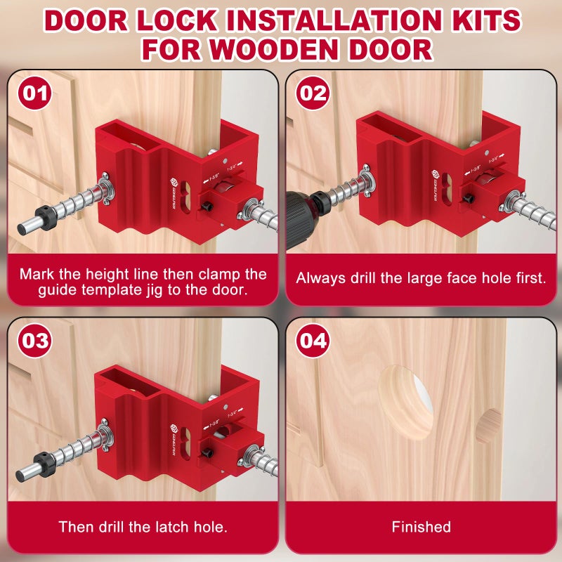 Gohelper Door Lock Installation Kit for 1-3/8" and 1-3/4" Wooden Doors with Guide Template, Aluminum Alloy Door Hole Drilling Kit, Door Lock Jig Clamp Design Fits 2-3/8" and 2-3/4" Backsets, Drill Bit Included - Image 5