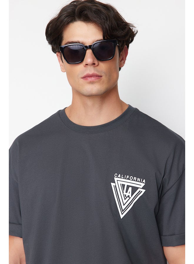Anthracite Oversize/Wide Cut Crew Neck City Printed 100% Cotton T-Shirt TMNSS20TS1102