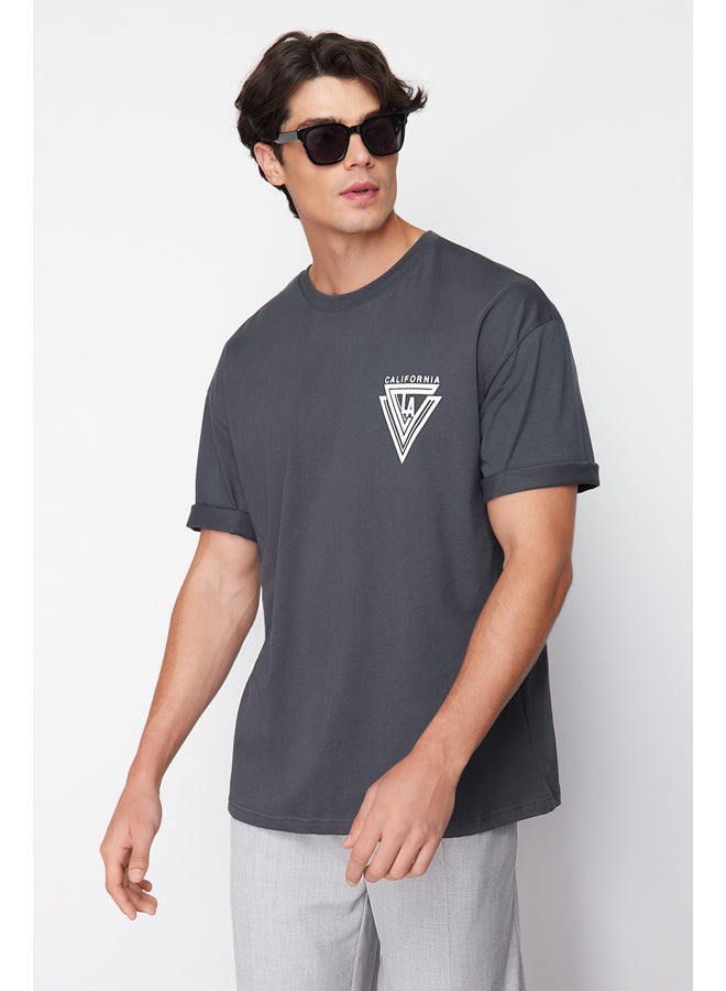 Anthracite Oversize/Wide Cut Crew Neck City Printed 100% Cotton T-Shirt TMNSS20TS1102