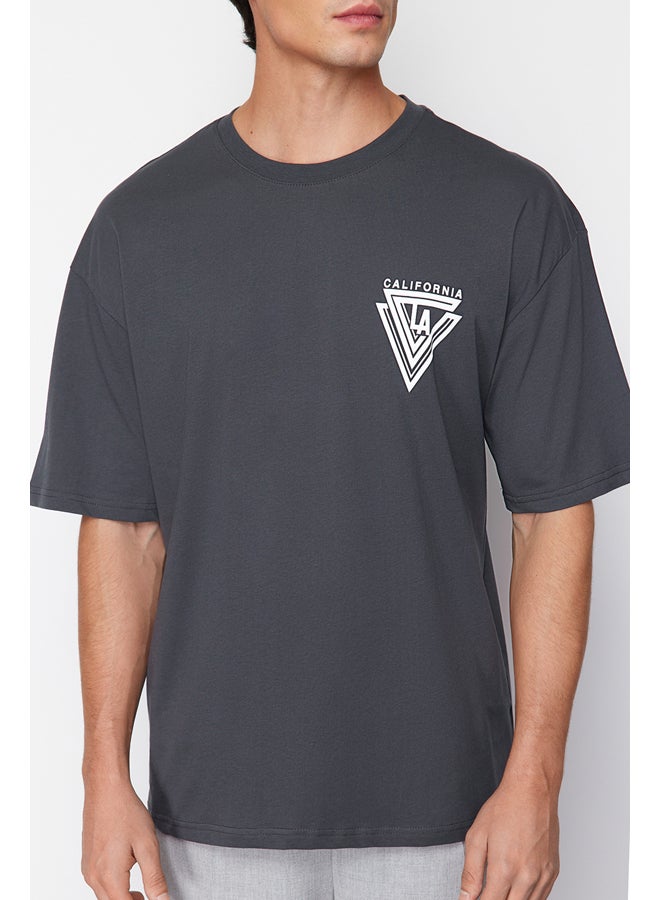 Anthracite Oversize/Wide Cut Crew Neck City Printed 100% Cotton T-Shirt TMNSS20TS1102