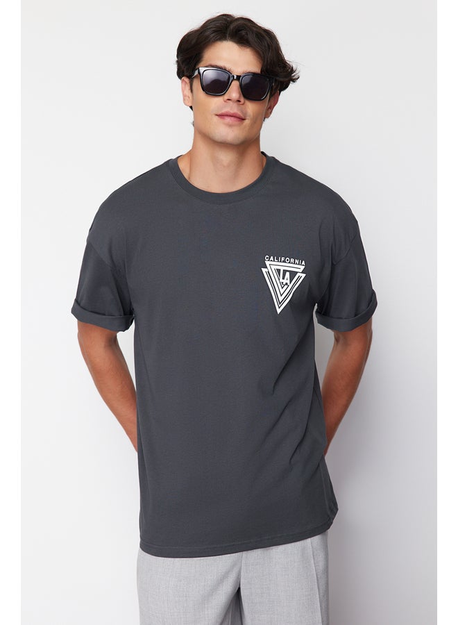 Anthracite Oversize/Wide Cut Crew Neck City Printed 100% Cotton T-Shirt TMNSS20TS1102