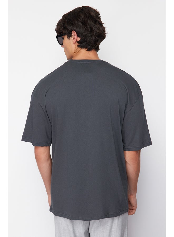 Anthracite Oversize/Wide Cut Crew Neck City Printed 100% Cotton T-Shirt TMNSS20TS1102