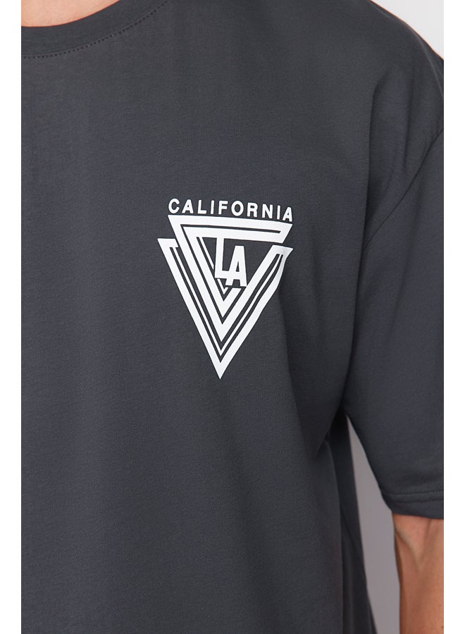 Anthracite Oversize/Wide Cut Crew Neck City Printed 100% Cotton T-Shirt TMNSS20TS1102