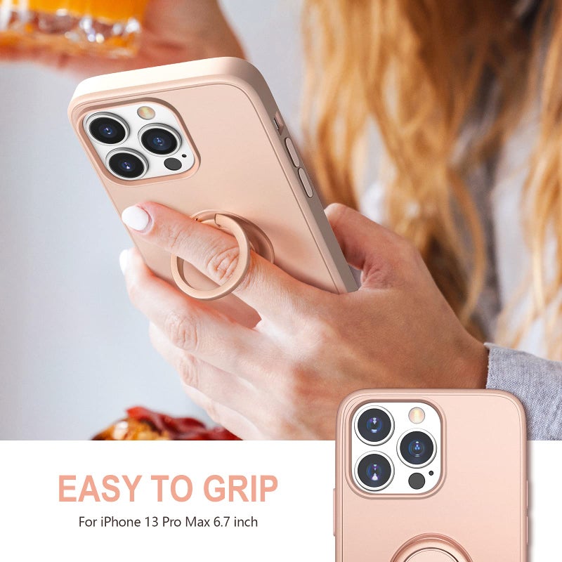 Hython for iPhone 13 Pro Max Case with Ring Stand [360Â° Rotatable Ring Holder Magnetic Kickstand] [Soft Microfiber Lining] Shockproof Rubber Protective Phone Case Cover for Women, Pink Sand - Image 2