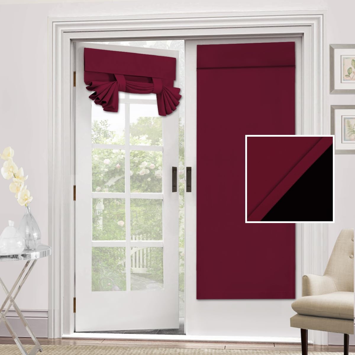 H.VERSAILTEX HVERSAILTEX 100 Blackout French Door Curtain Privacy French Door Blinds Light Blocking Curtain for Sliding Glass Thermal Insulated Tie Up Shade 26x68 Inches 1 Panel Burgundy