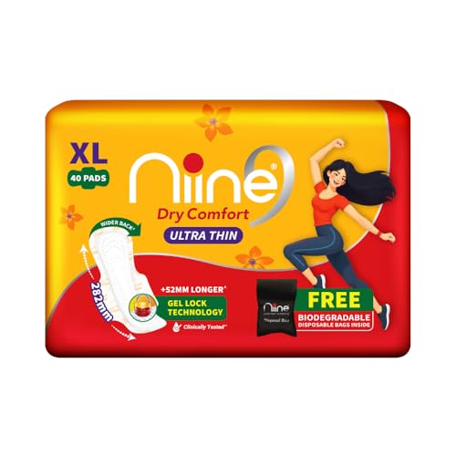 Niine Dry Comfort Ultra Thin XL Sanitary Pads for Women | 40 Pads, Pack of 1 | 282mm Long | Fast Absorption | Prevents Wetness & Leakage | Enjoy Leak-Free Periods | With Fluid Lock Technology | Disposable Bag Inside - Image 1