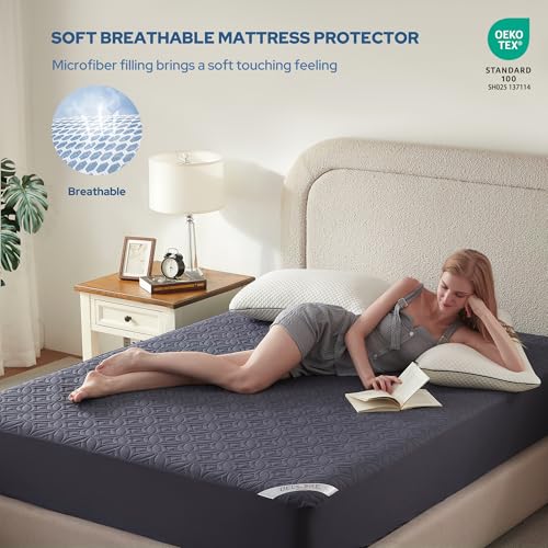BEDLORE حامي مرتبة BEDLORE المقاوم للماء، وسادة مرتبة بحجم كامل مع جيب عميق بعمق 6"-15"، غطاء مرتبة مزدوج ناعم مقاوم للأوساخ لغرفة النوم، سكن الجامعة، الفندق (أزرق داكن) - Image 3