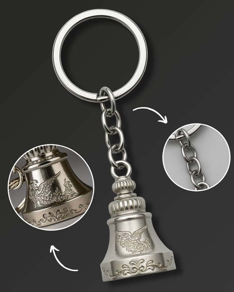AEROSTARK Chrome-Plated Silver Guardian Bell Keychain | Shiny Protective Charm with Protective Engraving | Polished Zinc Alloy Keyring for Motorcyclists & Gifting | Durable Zinc Alloy Keyring Amulet - Image 3