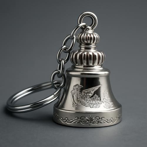 AEROSTARK Chrome-Plated Silver Guardian Bell Keychain | Shiny Protective Charm with Protective Engraving | Polished Zinc Alloy Keyring for Motorcyclists & Gifting | Durable Zinc Alloy Keyring Amulet - Image 1