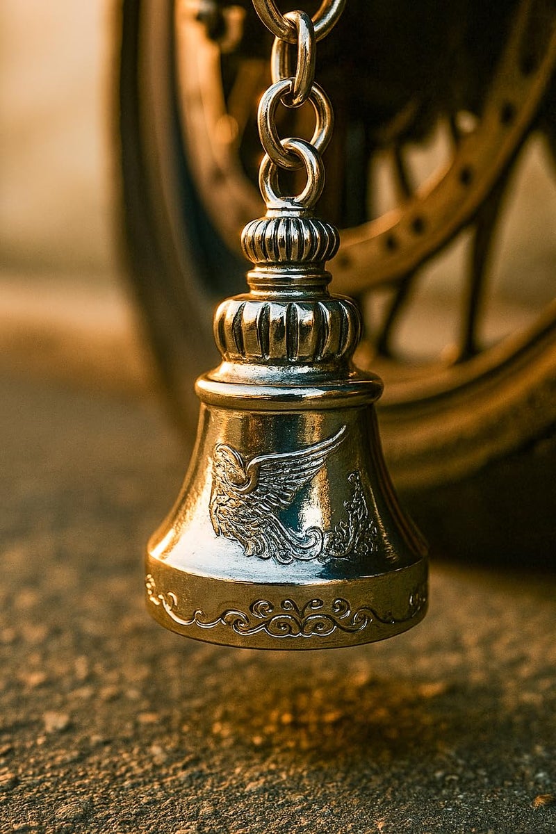 AEROSTARK Chrome-Plated Silver Guardian Bell Keychain | Shiny Protective Charm with Protective Engraving | Polished Zinc Alloy Keyring for Motorcyclists & Gifting | Durable Zinc Alloy Keyring Amulet - Image 5
