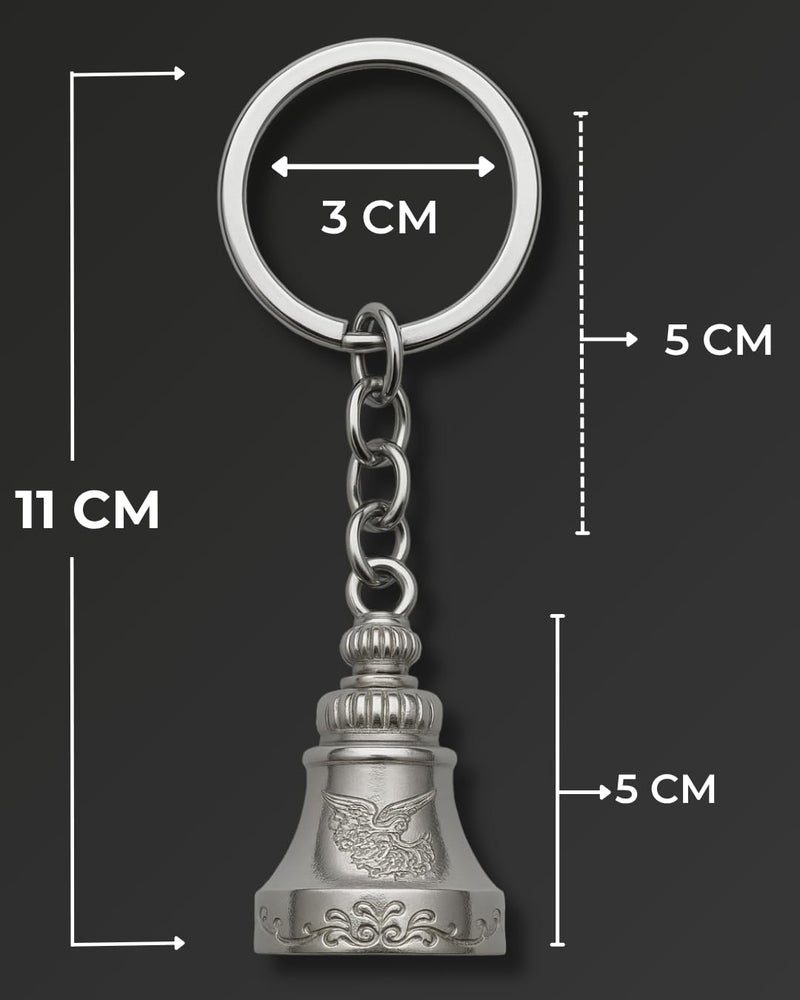 AEROSTARK Chrome-Plated Silver Guardian Bell Keychain | Shiny Protective Charm with Protective Engraving | Polished Zinc Alloy Keyring for Motorcyclists & Gifting | Durable Zinc Alloy Keyring Amulet - Image 4