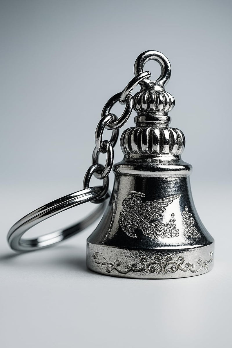 AEROSTARK Chrome-Plated Silver Guardian Bell Keychain | Shiny Protective Charm with Protective Engraving | Polished Zinc Alloy Keyring for Motorcyclists & Gifting | Durable Zinc Alloy Keyring Amulet - Image 2