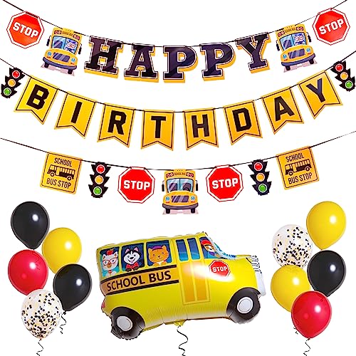 Pirese Wheels on the Bus Birthday Banner Kit School Bus Party Decorations with Balloons Yellow Bus Theme Decor for Kids Birthday Party - Image 1