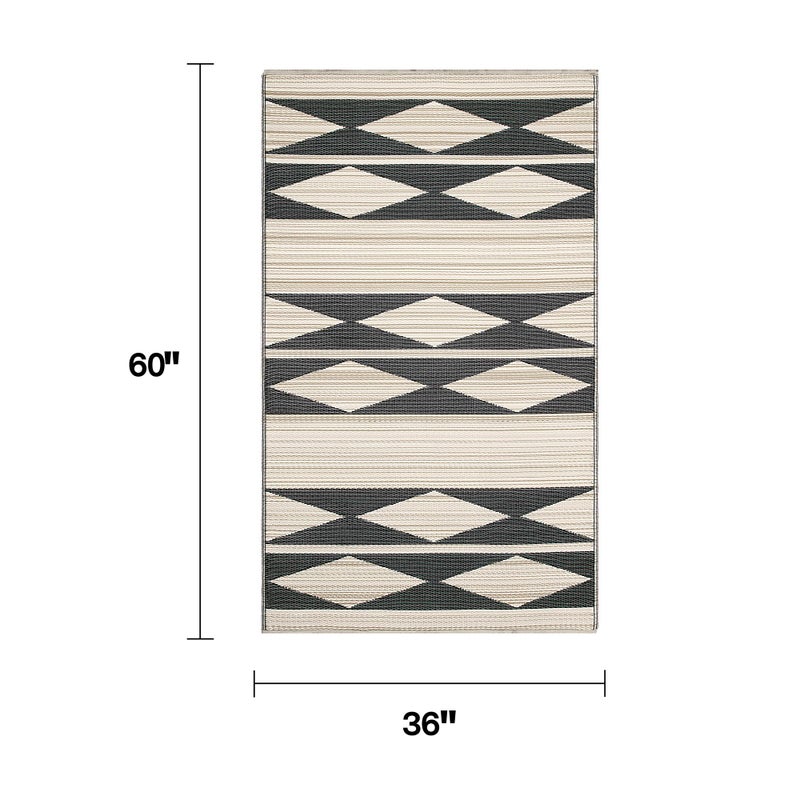 Fab Habitat Outdoor Rug - Waterproof, Fade Resistant, Crease-Free - Premium Recycled Plastic - Geo Tribal - Porch, Deck, Balcony, Mudroom, Laundry Room, Patio - Cairo - Natural & Black - 3 x 5 ft - Image 2