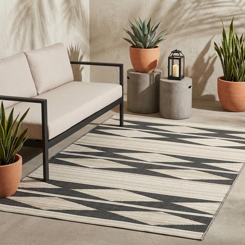 Fab Habitat Outdoor Rug - Waterproof, Fade Resistant, Crease-Free - Premium Recycled Plastic - Geo Tribal - Porch, Deck, Balcony, Mudroom, Laundry Room, Patio - Cairo - Natural & Black - 3 x 5 ft - Image 1