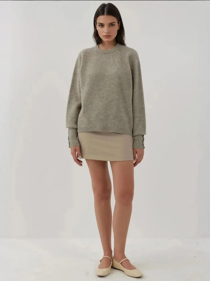 HICCUP Light Grey Soft Textured Button Detailed Long Sleeve Sweater for Women | Best Price UAE