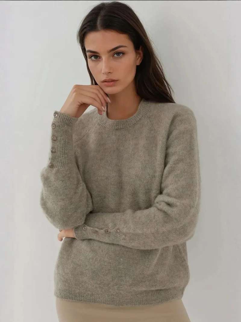 Soft Textured Button Detailed Long Sleeve Sweater