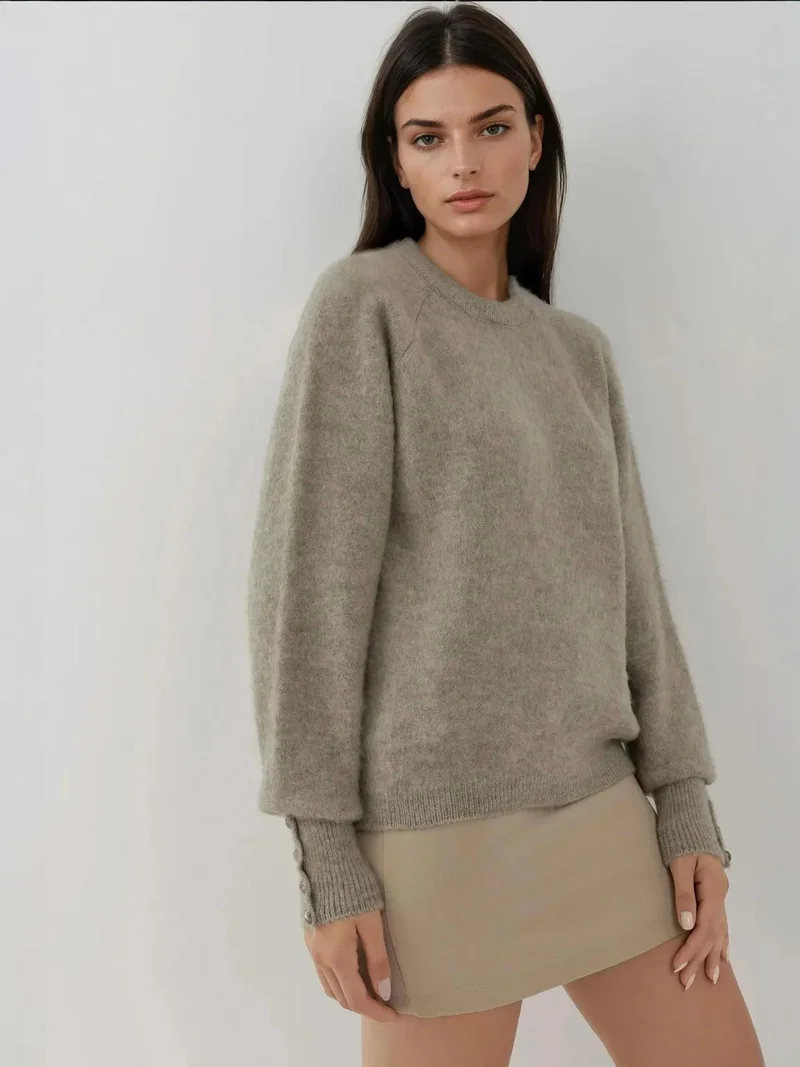 HICCUP Light Grey Soft Textured Button Detailed Long Sleeve Sweater for Women | Best Price UAE