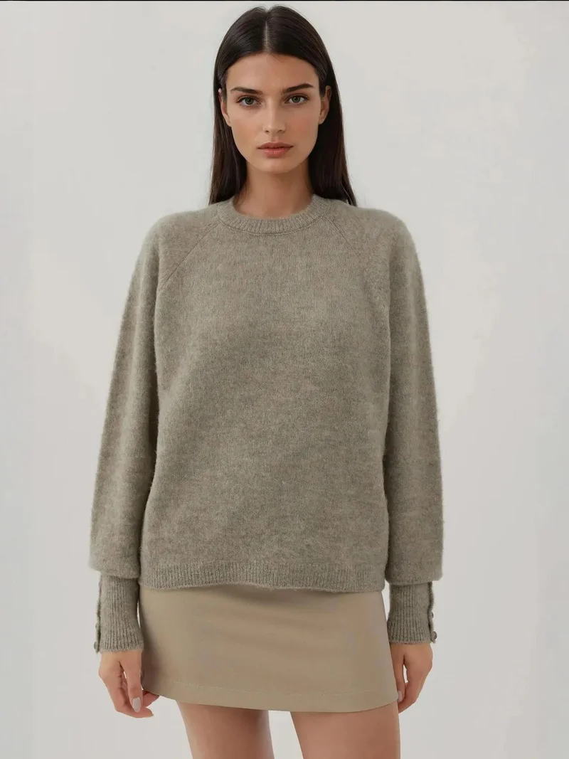 HICCUP Light Grey Soft Textured Button Detailed Long Sleeve Sweater for Women | Best Price UAE