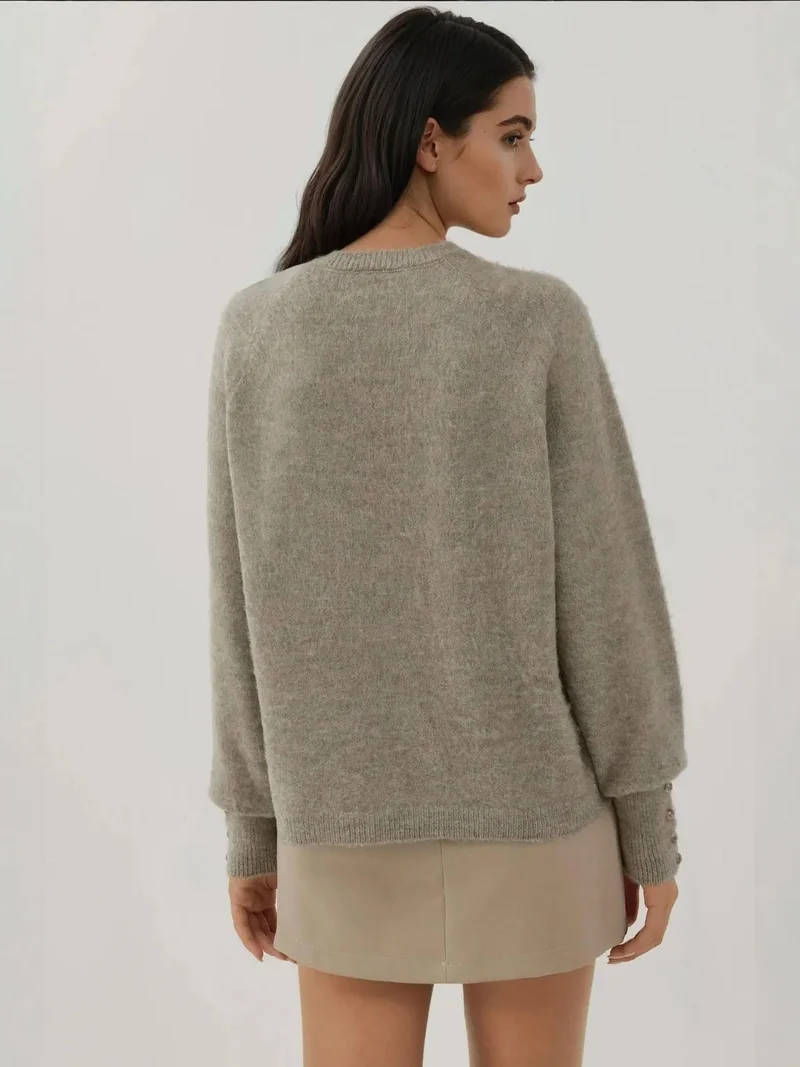 HICCUP Light Grey Soft Textured Button Detailed Long Sleeve Sweater for Women | Best Price UAE