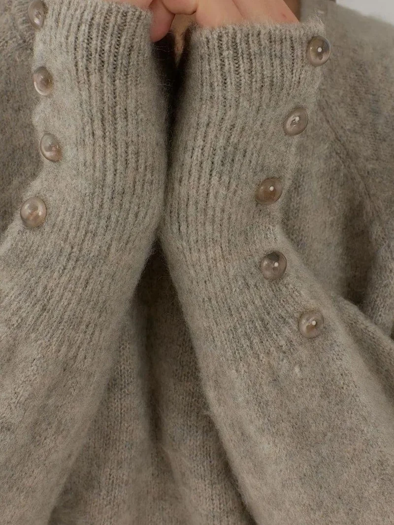 HICCUP Light Grey Soft Textured Button Detailed Long Sleeve Sweater for Women | Best Price UAE