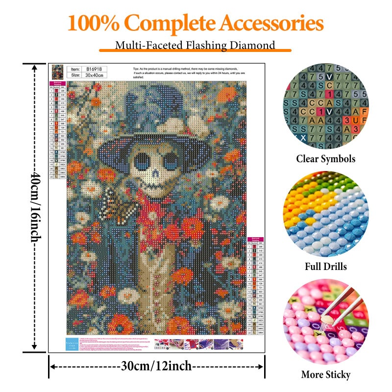 Offito Halloween Diamond Art Kits for Adults - 5D Skull Diamond Painting Kits for Beginners, Skeleton DIY Full Drill Dots Gem Art Paint Picture for Home Wall Decor 12 x 16 Inch - Image 4
