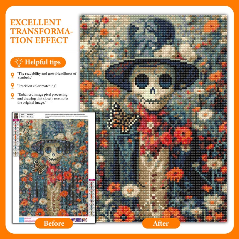 Offito Halloween Diamond Art Kits for Adults - 5D Skull Diamond Painting Kits for Beginners, Skeleton DIY Full Drill Dots Gem Art Paint Picture for Home Wall Decor 12 x 16 Inch - Image 2