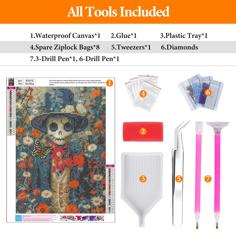 Offito Halloween Diamond Art Kits for Adults - 5D Skull Diamond Painting Kits for Beginners, Skeleton DIY Full Drill Dots Gem Art Paint Picture for Home Wall Decor 12 x 16 Inch - Image 5