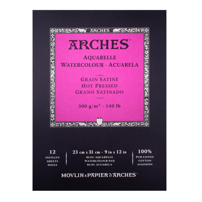 Arches Watercolor Pad 9x12-inch Natural White 100% Cotton Paper - 12 Sheet Arches Hot Press Watercolor Paper 140 lb Pad - Arches Art Paper for Watercolor Gouache Ink Acrylic and More - Image 1