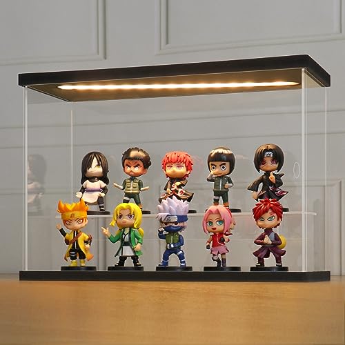 LANSCOERY LED Lighted Acrylic Display Case, 2 Tier Display Box for Collectibles and Action Figures, Clear Dustproof Organizer with Black Base – 11.8x4.3x7.9inch - Image 1