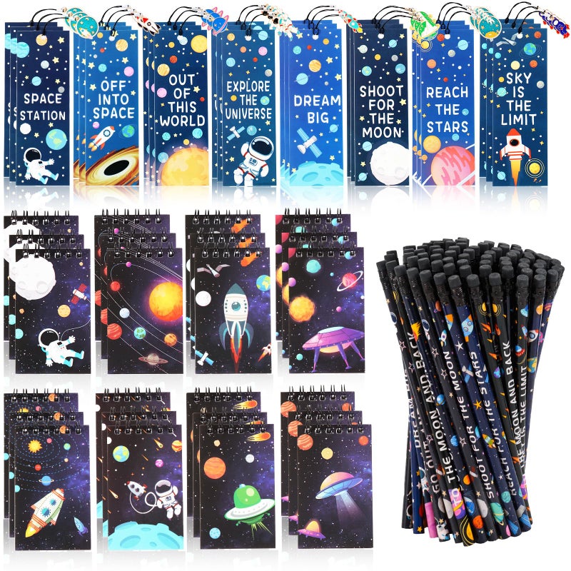 Kolewo4ever 148 Pieces Outer Space Theme Stationery Set:100 Space Pencils Astronaut Pencils 24 Planet Rocket Mini Spiral Notepad Memo Pad 24 Space Ship Metal Charms Bookmarks - Image 1