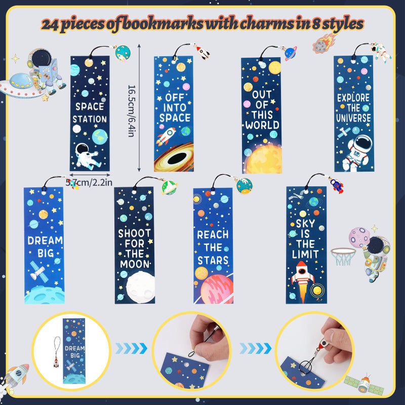 Kolewo4ever 148 Pieces Outer Space Theme Stationery Set:100 Space Pencils Astronaut Pencils 24 Planet Rocket Mini Spiral Notepad Memo Pad 24 Space Ship Metal Charms Bookmarks - Image 4
