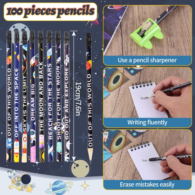 Kolewo4ever 148 Pieces Outer Space Theme Stationery Set:100 Space Pencils Astronaut Pencils 24 Planet Rocket Mini Spiral Notepad Memo Pad 24 Space Ship Metal Charms Bookmarks - Image 2