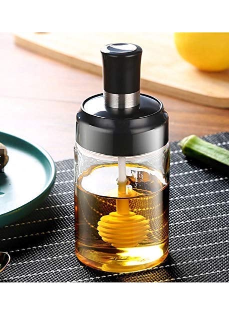 Kamini Enterprise Honey Storage Glass Jars Containers Set Transparent Attached Sealed Condiment Pots Seasoning Airtight Lid Box With Honey Stick For Kitchen 300 ml 1 New Honey Jar