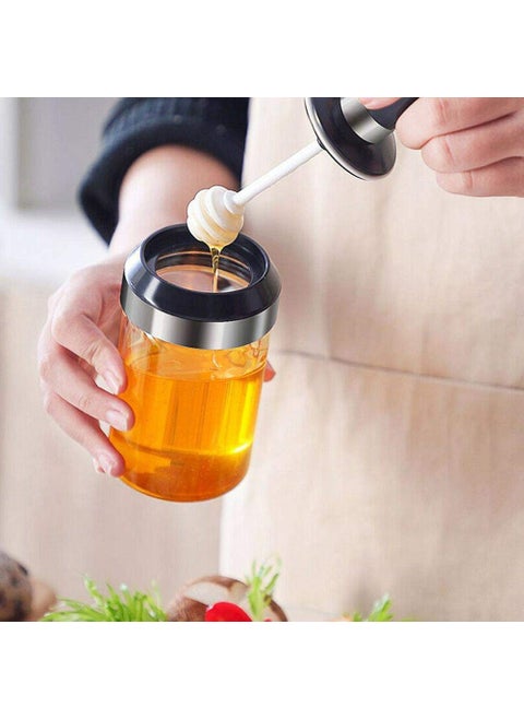 Kamini Enterprise Honey Storage Glass Jars Containers Set Transparent Attached Sealed Condiment Pots Seasoning Airtight Lid Box With Honey Stick For Kitchen 300 ml 1 New Honey Jar