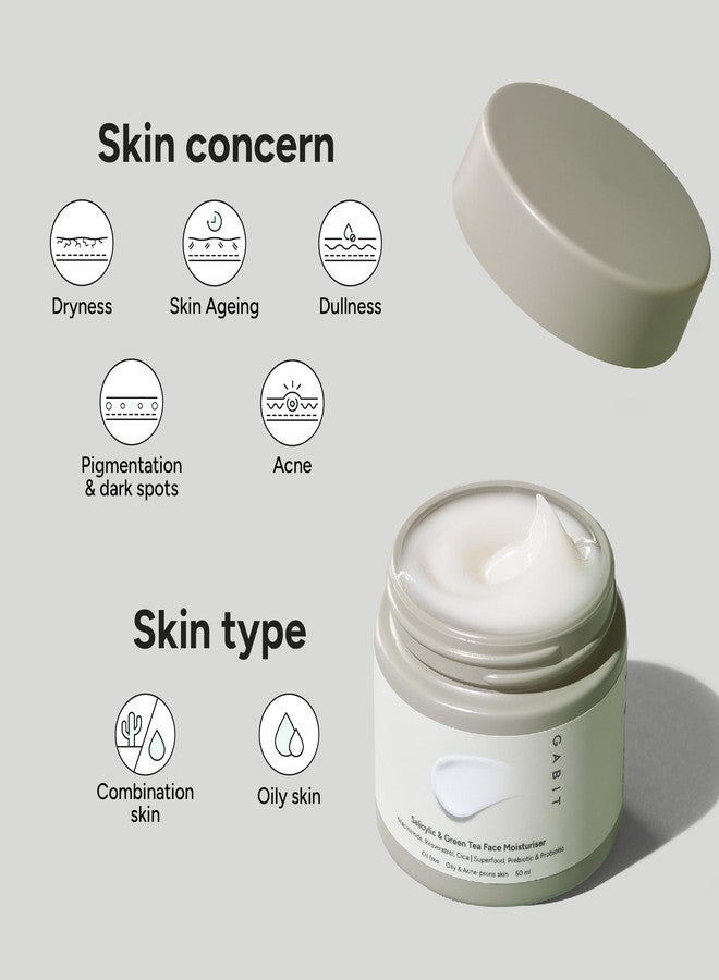 Gabit Salicylic Acid & Green Tea Face Moisturiser For Acne, Blackheads & Open Pores | Oil free, Lightweight Moisturizer, Exfoliates, Brightens skin |Ceramides, Niacinamide, CiCa |For Women & Men, 50ml - Image 2