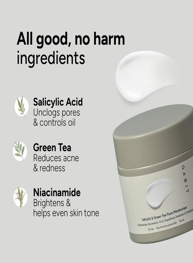 Gabit Salicylic Acid & Green Tea Face Moisturiser For Acne, Blackheads & Open Pores | Oil free, Lightweight Moisturizer, Exfoliates, Brightens skin |Ceramides, Niacinamide, CiCa |For Women & Men, 50ml - Image 3