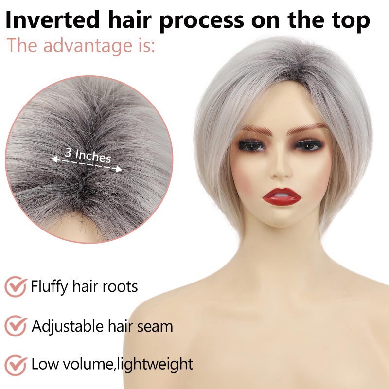 TISHINING Short Ombre White Blonde Layered Bob Wigs for White Women Chin Length Side Part Pixie Bob Wig with Dark Roots Synthetic Natural Looking Inverted Bob Wigs for Daily Party Use - Image 4