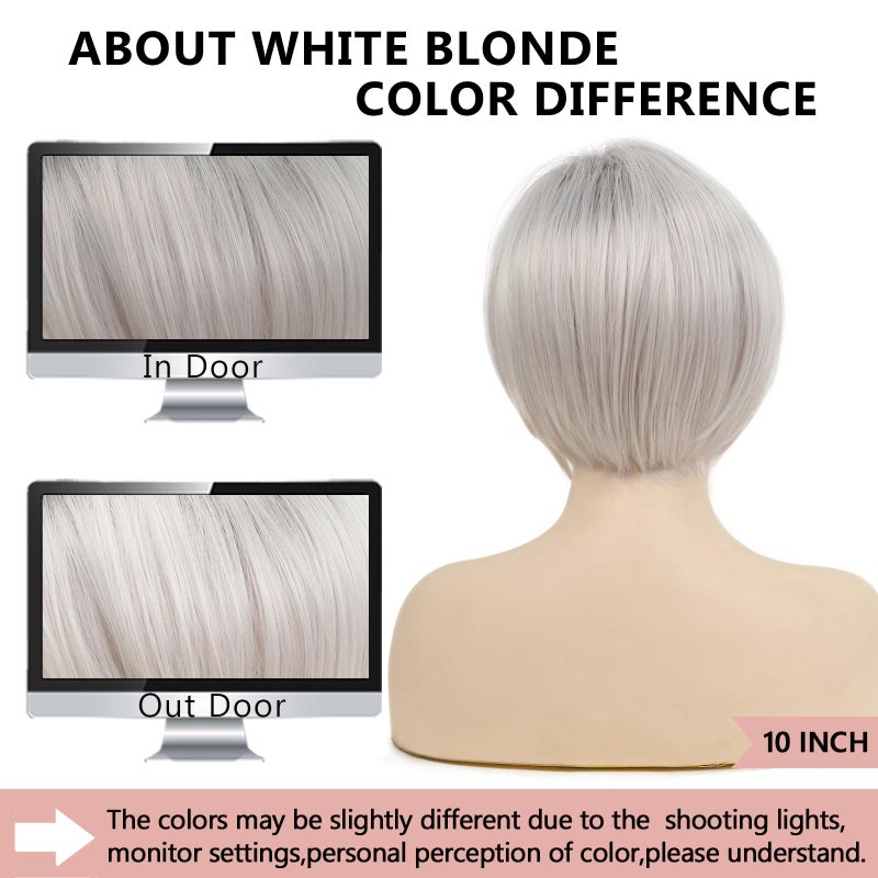 TISHINING Short Ombre White Blonde Layered Bob Wigs for White Women Chin Length Side Part Pixie Bob Wig with Dark Roots Synthetic Natural Looking Inverted Bob Wigs for Daily Party Use - Image 5