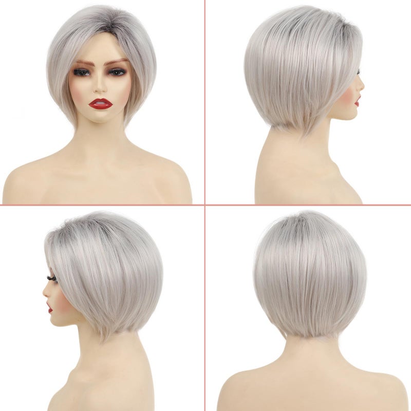 TISHINING Short Ombre White Blonde Layered Bob Wigs for White Women Chin Length Side Part Pixie Bob Wig with Dark Roots Synthetic Natural Looking Inverted Bob Wigs for Daily Party Use - Image 2