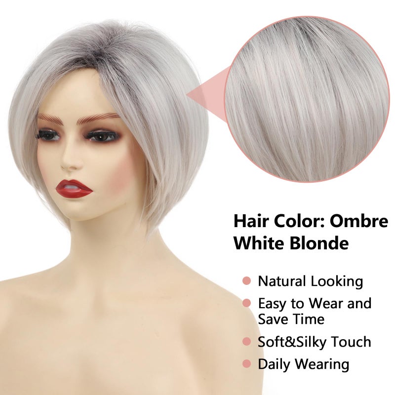 TISHINING Short Ombre White Blonde Layered Bob Wigs for White Women Chin Length Side Part Pixie Bob Wig with Dark Roots Synthetic Natural Looking Inverted Bob Wigs for Daily Party Use - Image 3