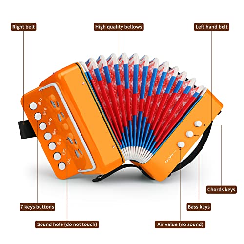 MUINS Button Accordion 10 Keys Control Accordion include 3 Air Valve Easy to Play Lightweight Kid Instrument for Early Childhood Developmet Fit for 3 years and over (orange) - Image 2