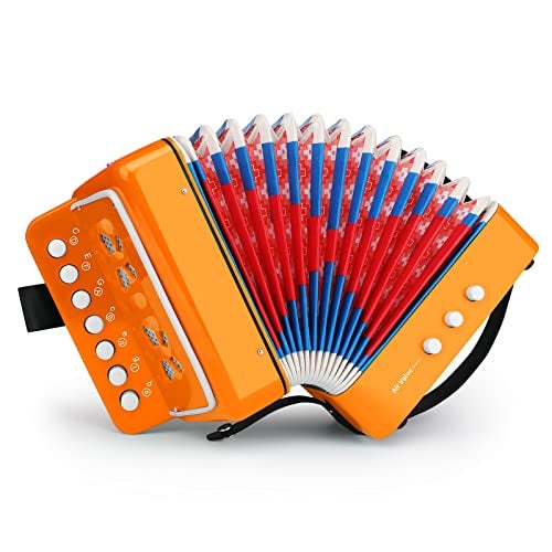 MUINS Button Accordion 10 Keys Control Accordion include 3 Air Valve Easy to Play Lightweight Kid Instrument for Early Childhood Developmet Fit for 3 years and over (orange) - Image 1