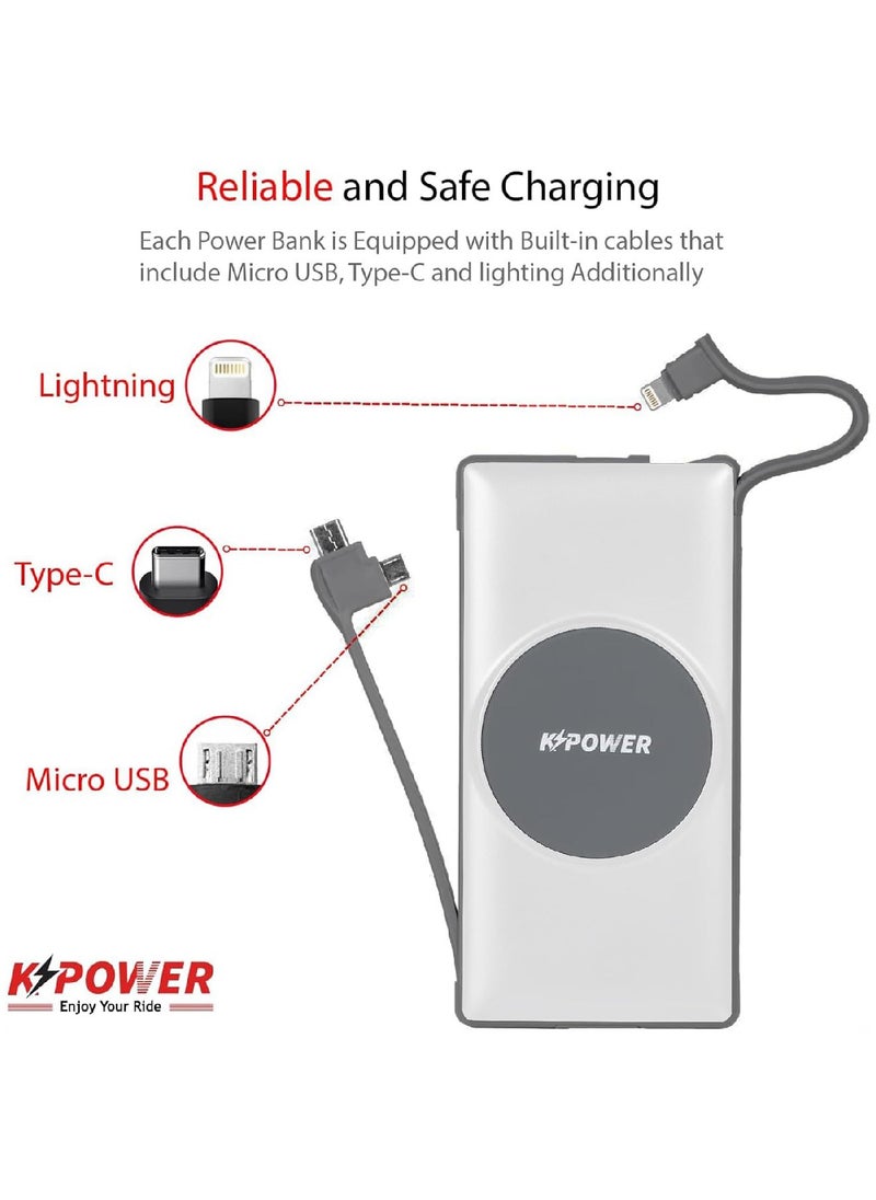 KPOWER - 8 in 1 Wireless Power Bank Station 10000mAh with Built-in Cable, Power Delivery 20W QC Wireless and 1 Rapid Re-Charging Station with 4 USB Output Color: White - Image 1