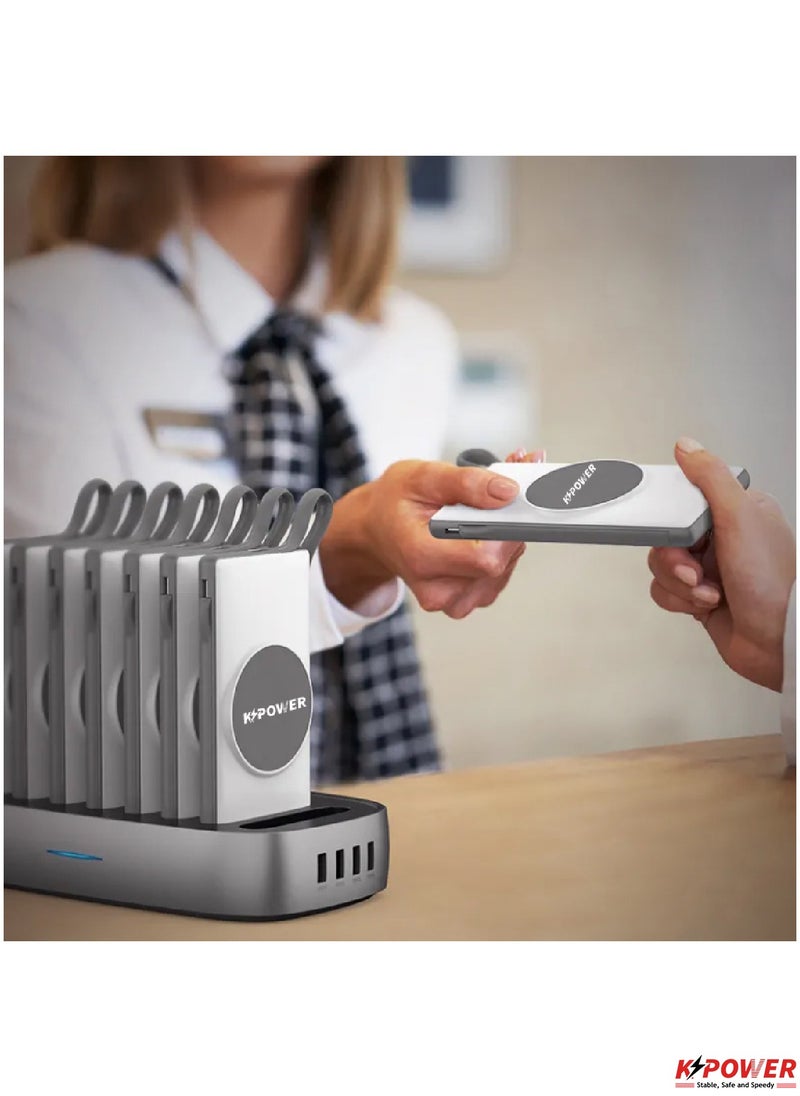 KPOWER - 8 in 1 Wireless Power Bank Station 10000mAh with Built-in Cable, Power Delivery 20W QC Wireless and 1 Rapid Re-Charging Station with 4 USB Output Color: White - Image 1