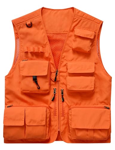 Flygo Men's Casual Lightweight Outdoor Fishing Work Safari Travel Photo Cargo Vest Jacket Multi Pockets(Large, Orange) - Image 1